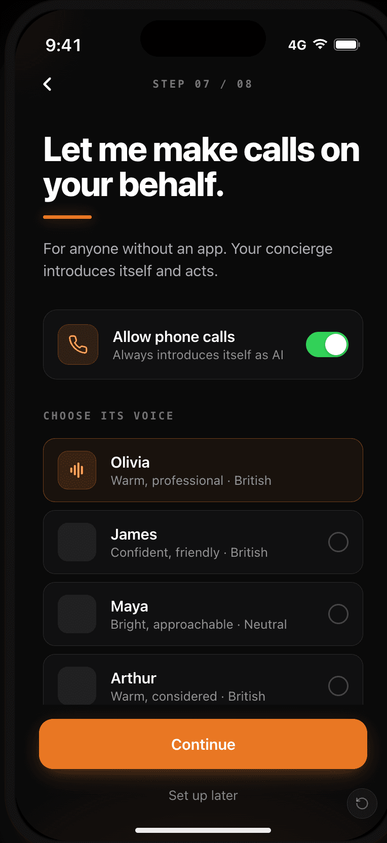Concierge — onboarding, choosing the agent’s voice